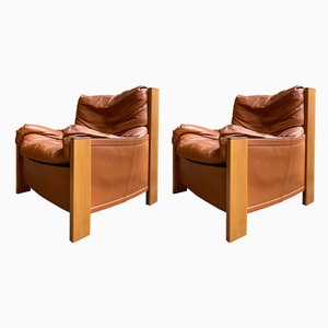 Italian Leather and Wood Model Bergere Lounge Chairs by Tobia & Afra Scarpa for Maxalto, 1970s, Set of 2