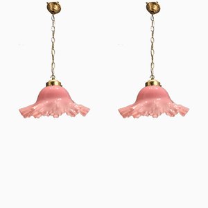 Murano Glass Blossom Pink Pendant Lamps, 1960s, Set of 2