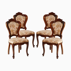 Louis Philippe Style Italian Carved Walnut Dining Chairs, 1930s, Set of 4