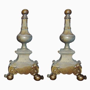 Chenets Antiques Art Nouveau en Laiton, Set de 2