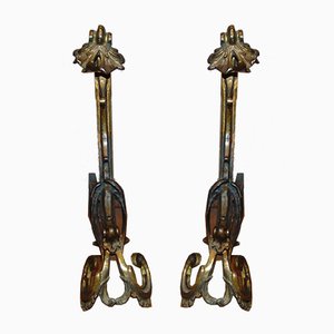 Antique Art Nouveau Brass Andirons, Set of 2