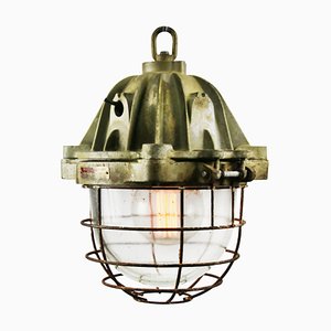 Mid-Century French Brown Cast Iron and Clear Glass Pendant Lamp