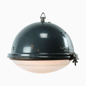 Mid-Century Industrial Blue Enamel and Clear Glass Pendant Lamp