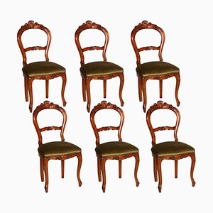 Louis Philippe Style Carved Blond Walnut Dining Chairs, 1940s, Set of 6