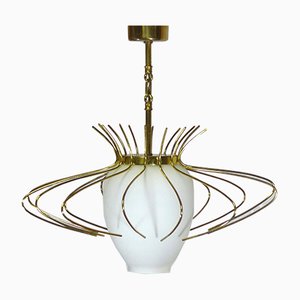 Mid-Century Opaline Glass and Brass Ceiling Lamp