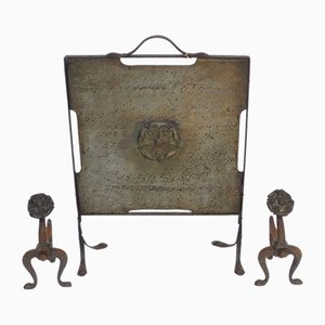 Antikes Kaminschirm & Andiron Set aus Schmiedeeisen & Messing