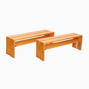 Large French Pine Wood Benches by Charlotte Perriand, 1960s, Set of 2