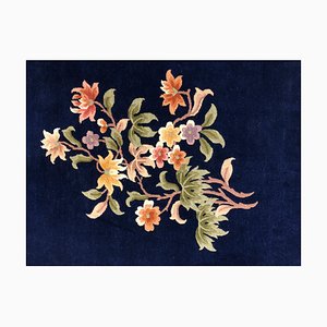 Alfombra Art Déco vintage en azul oscuro floral, años 50