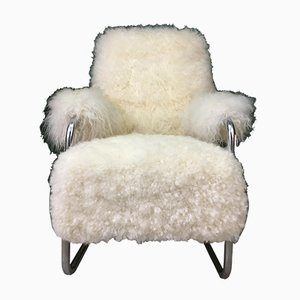 Vintage Art Deco Sessel aus weißem Schaffell