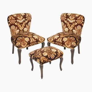 Antique Damask Velvet Armchairs and Ottoman Set, Set of 3