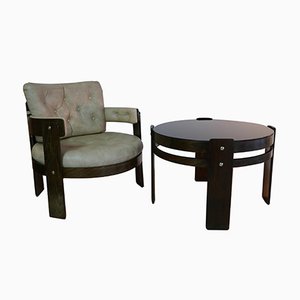 Fauteuil Pagwood et Skaï en Cuir et Table en Verre, 1970s, Set de 2