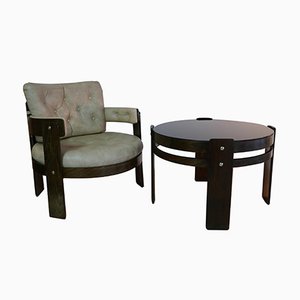Pagwood and Skai Leather Lounge Chair and Glass Table Set, 1970s, Set of 2