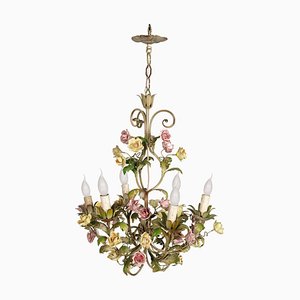 Antike italienische Jugendstil Deckenlampe aus Eisen & Keramik