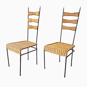 French Rattan, Metal, and Brass Dining Chairs, 1950s, Set of 2