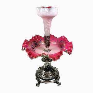 Antique Napoleon III French Silver Plated and Pink Opaline Glass Centerpiece