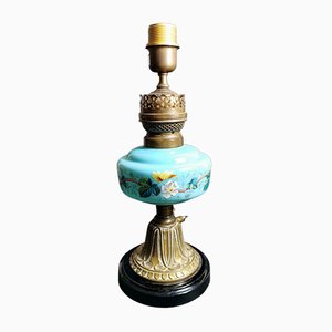 Lampada da tavolo antica in vetro opalino azzurro, ceramica e ottone, Francia