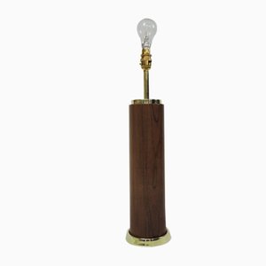 Mid-Century Teak and Brass Cylindrical Table Lamp, 1960s