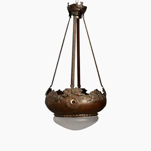 Antique French Copper & Opaline Glass Pendant Lamp