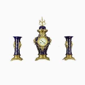 Horloge de Cheminée Bleu Royal de Boch Frères Keramis, 1920s, Set de 3