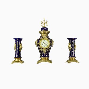 Royal Blue Mantle Clock Set from Boch Frères Keramis, 1920s, Set of 3