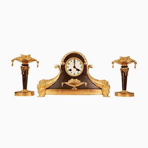 Horloge de Cheminée Art Déco en Bronze Doré, 1920s, Set de 3