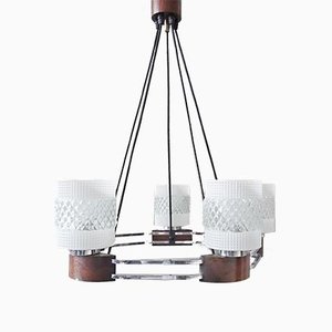 Mid-Century Chrome, Wood, and Glass Chandelier