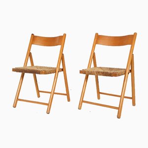 Set of Beech and Rush Folding Chairs, 1960s