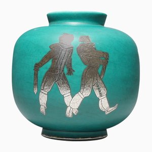 Vintage Stoneware and Silver Vase by Wilhelm Kåge for Gustavsberg, 1930s