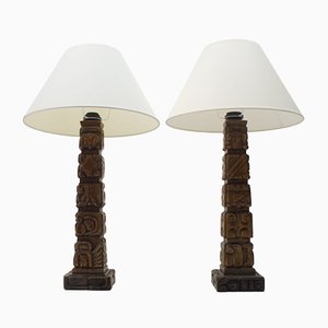 Hand-Carved Wooden Table Lamps from Temde, 1960s, Set of 2
