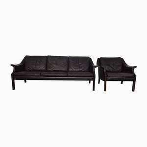 Mid-Century Danish Leather 3-Seater Sofa and Armchair Set by Aage Christiansen for Erhardsen & Andersen, 1960s, Set of 2