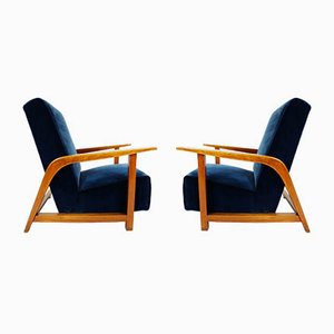 Italian Lagoon Blue Velvet Lounge Chairs, 1940s, Set of 2