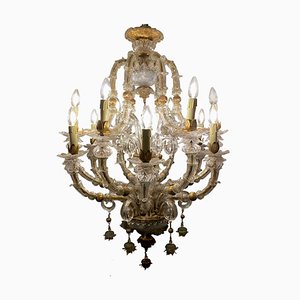 Lámpara de araña estilo barroco vintage de oro y cristal de Murano, años 30