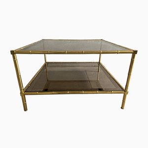 French Brass, Faux Bamboo & Smoked Glass Coffee Table, 1960s