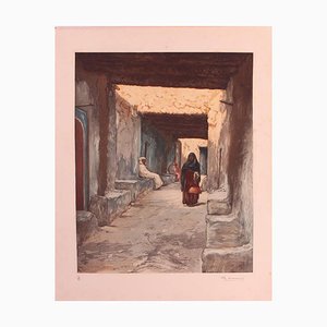 Grabado de escena callejera marroquí de Ch Manuel, años 20