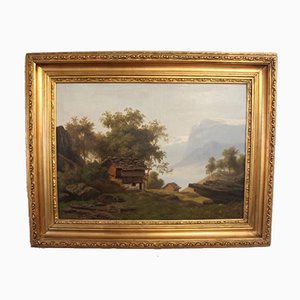 Oil Painting of Swiss Landscape with Gilded Frame, 1880s