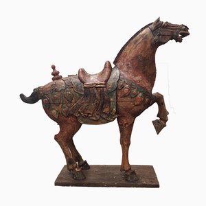 Large Chinese Polychrome Carved Wood Tang Horse