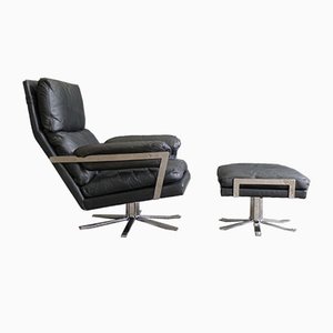 Schwarzer Vintage Ledersessel & Fußhocker von Arne Norell für Vatne Lenestolfabrikk, 1960er, 2er Set