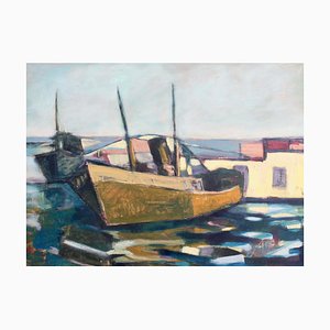 Pintura de escuela italiana Toscana antigua de barco de pesca, 1972