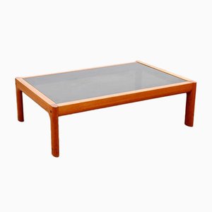 Mesa de centro escandinava Mid-Century grande de teca y vidrio negro, años 70