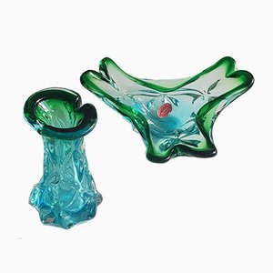 Juego de jarrón y cuenco de cristal de Murano azul y verde vintage, años 60