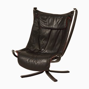 Black Leather Falcon Chair by Sigurd Russel for Vatne Mobler, 1970s