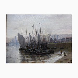 Peinture d'École Bateaux Au Port Antique par Hermann Delpech