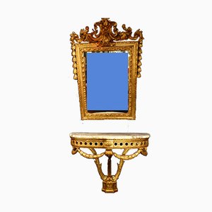 Antique Golden Wood Mirror and Console, Set of 2