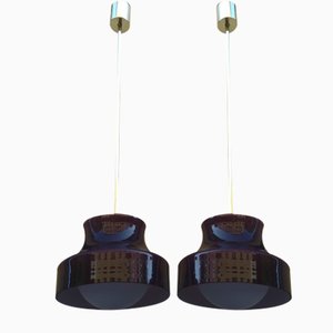 Brass & Opal Glass Ceiling Lamps, 1950s, Set of 2