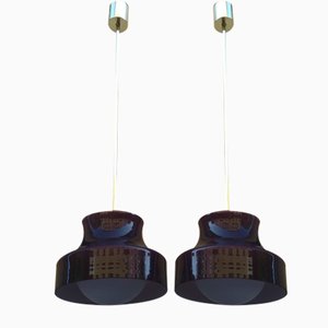 Lampade da soffitto in ottone e vetro opalino, anni '50, set di 2