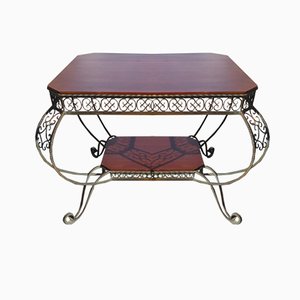 Vintage French Wrought Iron and Mahogany Coffee Table, 1940s