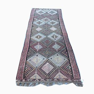 Alfombra Kilim turca vintage de lana con cuello de tortuga 335x115 cm