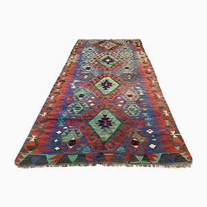 Alfombra Kilim turca vintage de lana tejida 258x134 cm