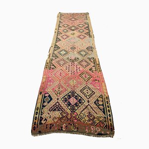 Grand Tapis Kilim Vintage Turc Rose et Noir 453x130 cm