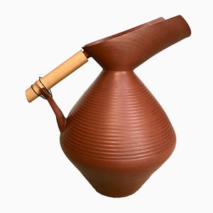 Large Studio Pottery Terracotta Jug Vase with Bamboo Handle, 1950s